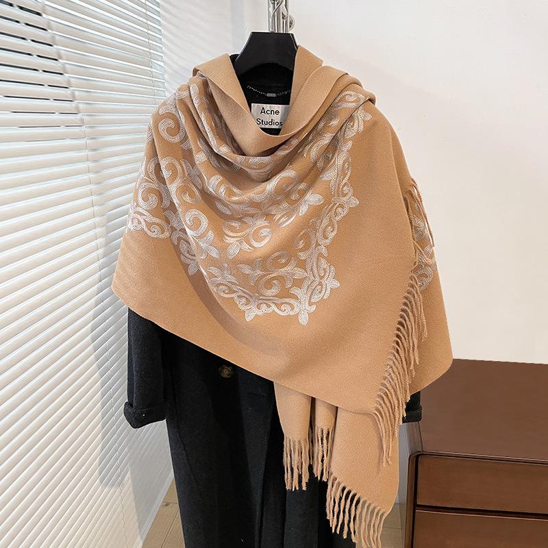 Winter Warm Cashmere Scarf for Women Floral Embroidery Pashmina Blanket Thick Shawl Wrap Neckerchief Elegant Poncho Bufanda