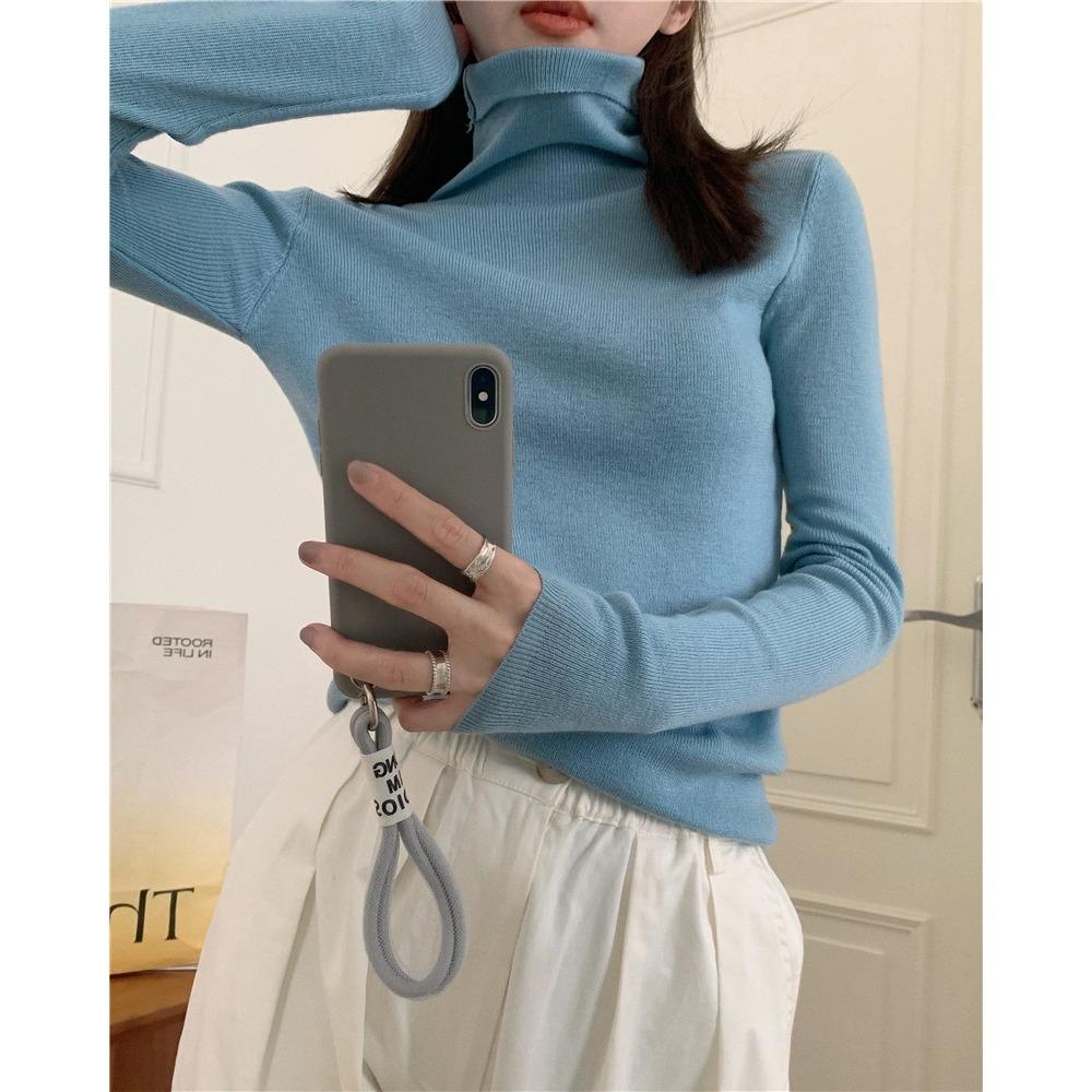 Piled Collar Solid Color All-match Knitted Sweater Women's Autumn and Winter Western-style Slim-fit Coat Inner Knitted Base Shirt