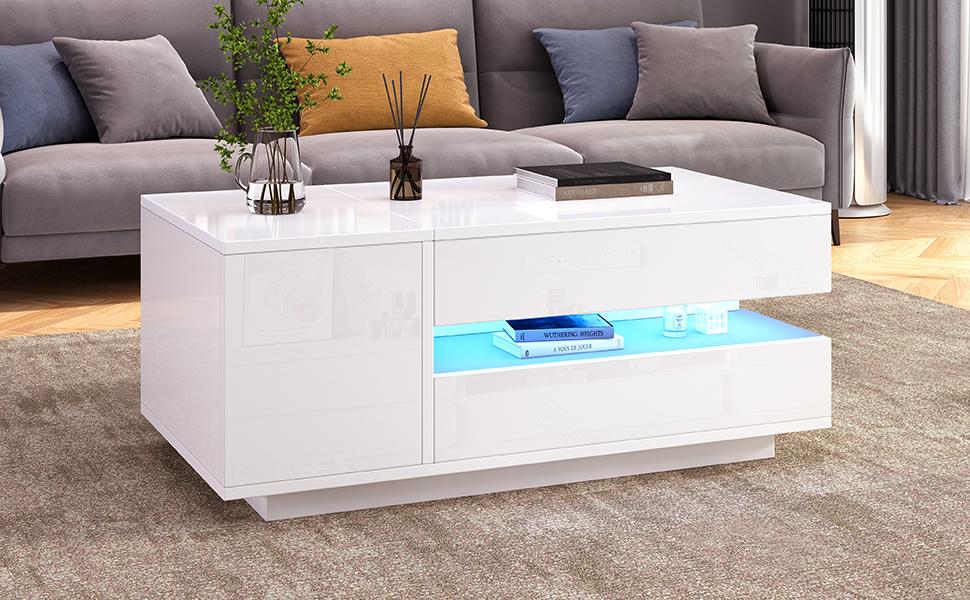 95*50*34.5cm Liftable Coffee Table with 1 Drawer, 1 Cabinet, LED, High-Gloss, Hidden Storage, Half-Open Storage, White