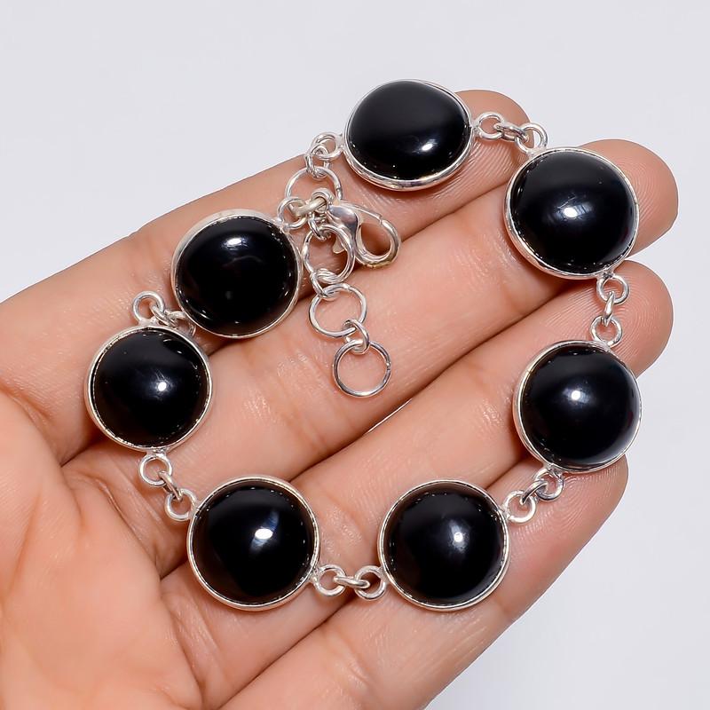 Marvellous Top Grade Qualite 100% Natural Black Onyx Round Shape Ethnic Style Handmade Jewelry 925 Steling Silver Bracelet 7-8" WSJ-5210