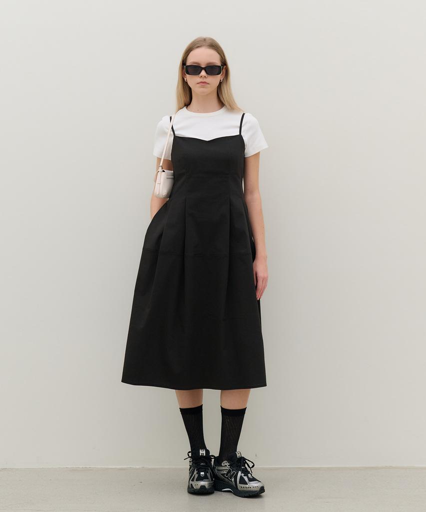 Metapeo Met Seersucker Pleated Bustier Dress Cool Black [Belt Included]