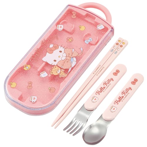 Skater Children's Cutlery Set, Lunch Box, Chopsticks, Spoon, Fork, Made in Japan, Sliding Cutlery with Name Stickers, Antibacterial, Sanrio Hello Kitt