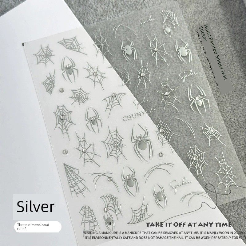 

Halloween Spider Nail Stickers Three-Dimensional Relief Bright Crystal Hand Painted Sweet Cool Sexy Wind Net Red Fingernail Decoration Decals Crystal diamond spider sticker 1 (hot silver)