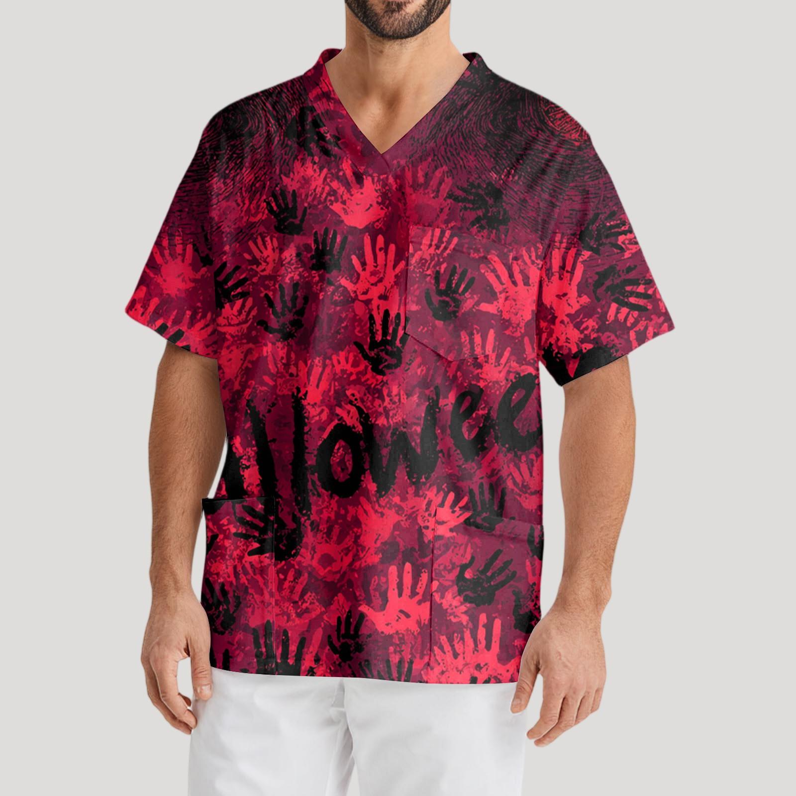 

Мужская рабочая блузка с короткими рукавами и v-образным вырезом с принтом, топ с нагрудным карманом L