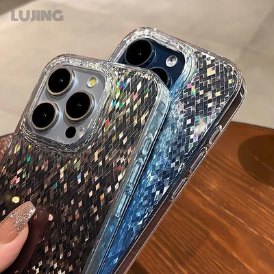 Luxury Bling Glitter Rhombus Case for iPhone 16 Pro Max 15 Plus PC TPU Armor Shockproof Cover for iPhone 12 13 14 Pro Max