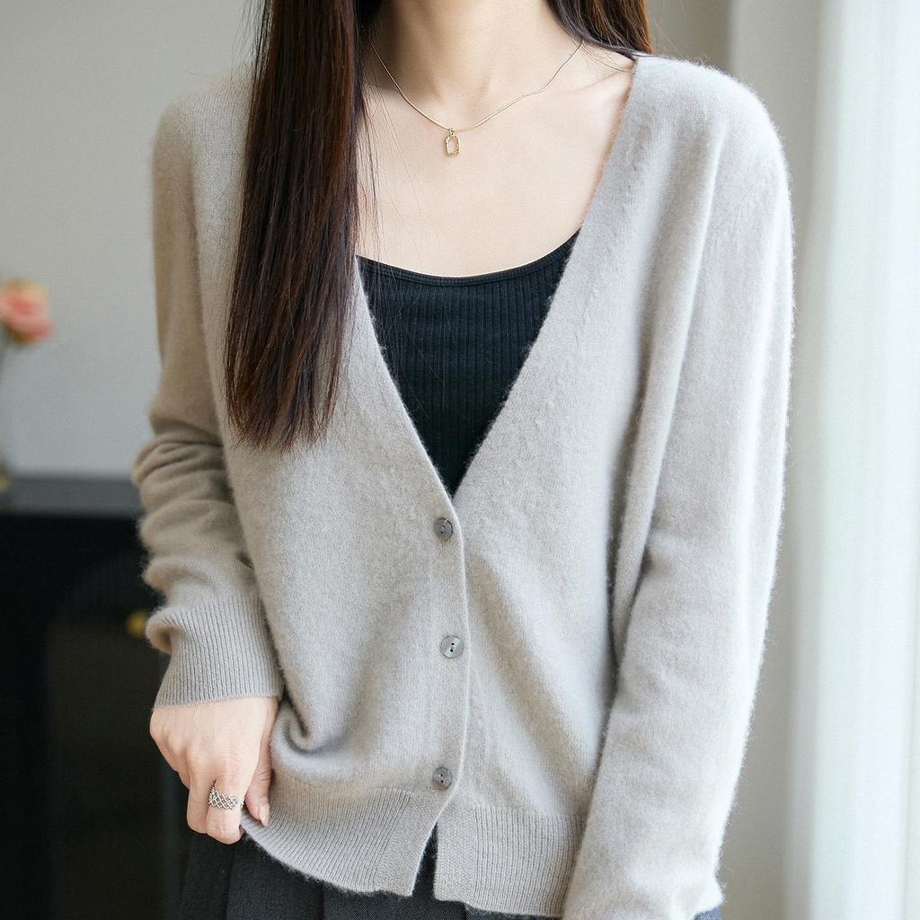 Women's V-neck Wool Knit Cardigan - Autumn/Winter Solid Color, Long Sleeve, Loose Fit Sweater.