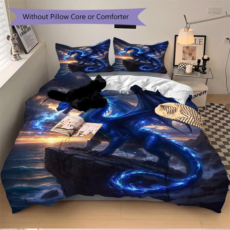 3pcs Mythical Dragon Artwork Bedding Set - 1 Duvet Cover + 2 Pillowcases(Core Not Included), Machine Washable Polyester Yy251216127