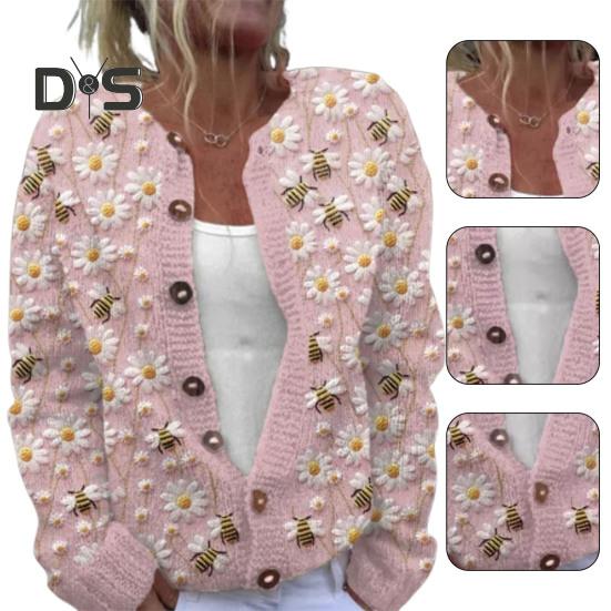 Damen Pullover Strickjacke Rundhals Langarm 3D Blumenmuster Button Up Strickjacke Verdickte warme Herbst Winter Tops