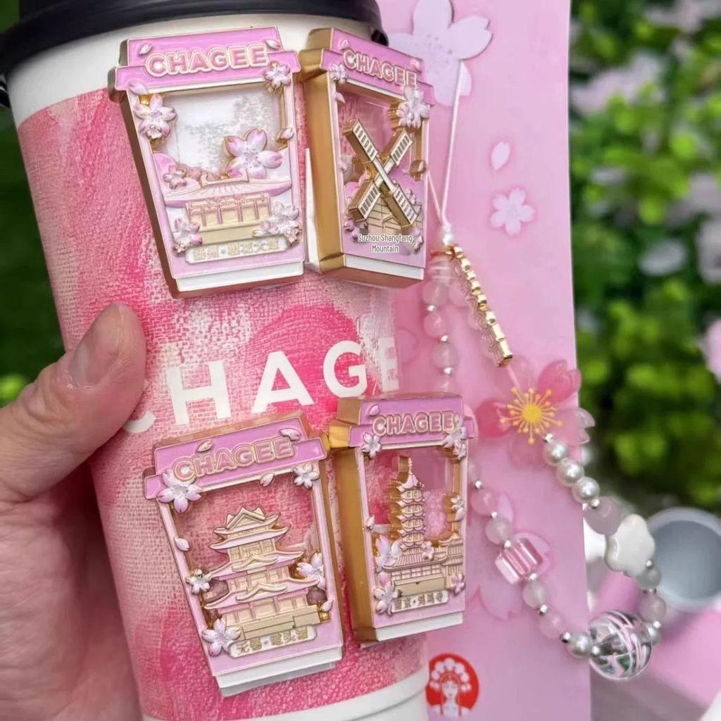 HAY TEA Cherry Blossom Quicksand Magnetic Refrigerator Magnet - Collectible Souvenir.