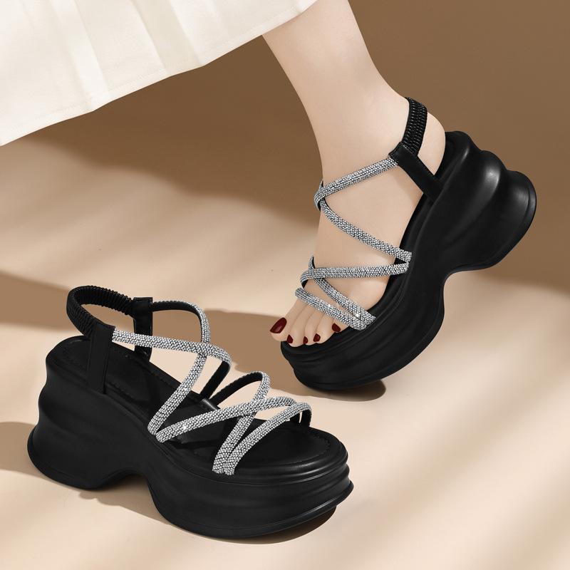 Fashion muffin thick-soled wedge sandals women s summer soft-soled heightening women s shoes French waterproof table rhinestone Roman style 34