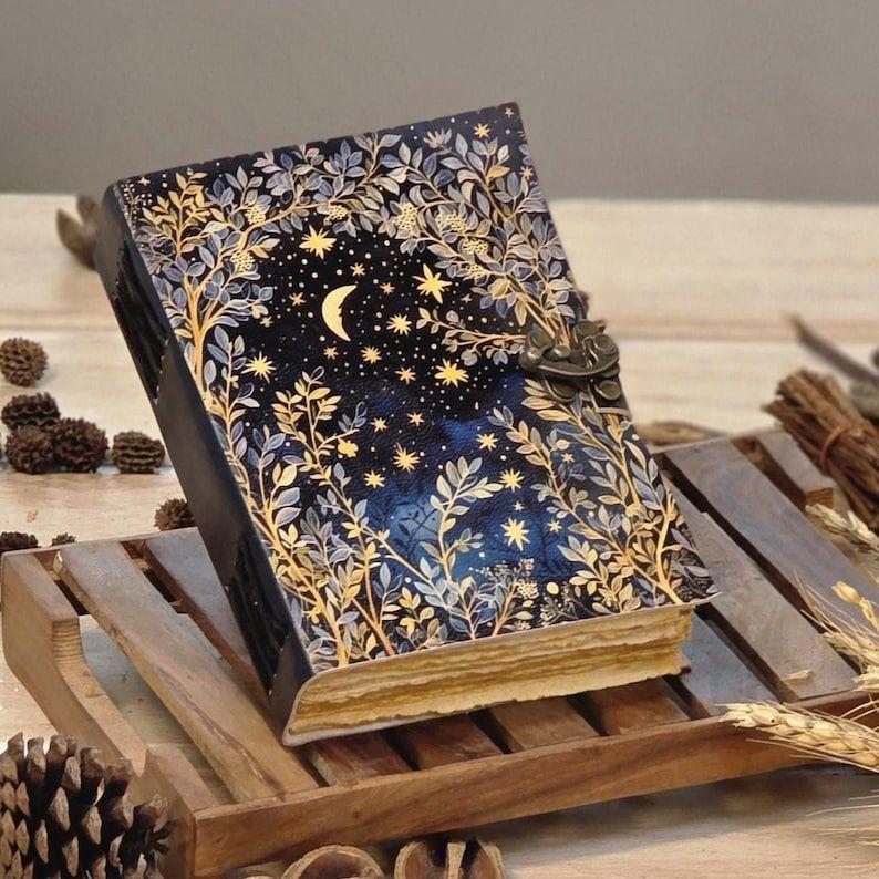 Grimoire Leather Journal • Moon And Tree Printed Blank Spell Book of Shadows Gifts For Women Vintage Journal.