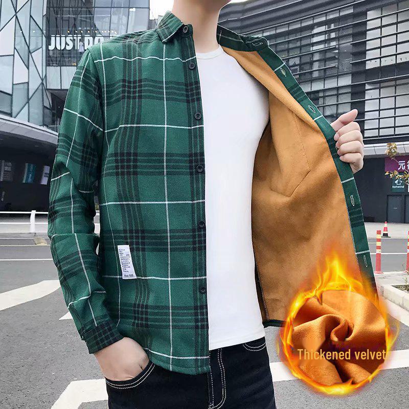

Мужская рубашка в корейском стиле в клетку: Теплый, плотный бархат, облегающий крой для осени и зимы. L