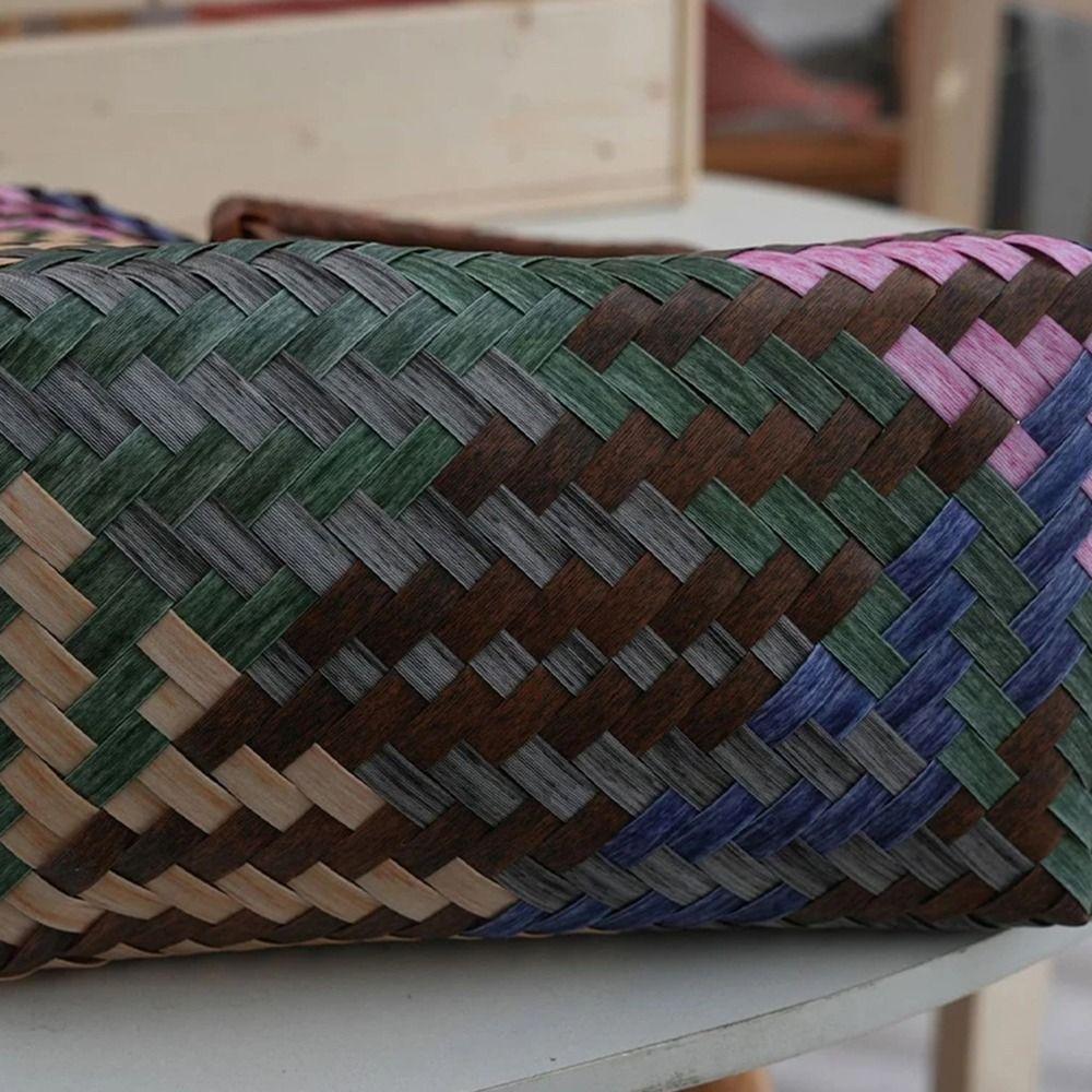 Puppy Pattern Retro Striped Woven Bag Bamboo Handle Summer Women's Handbag  Casual Shopping