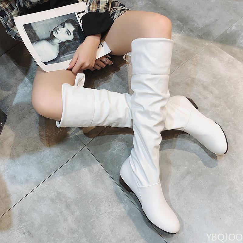 Fashionable Versatile Women High Boots Elegant Minimalist Autumn Winter New Style Pleated Women Comfortable Low Heel Boots