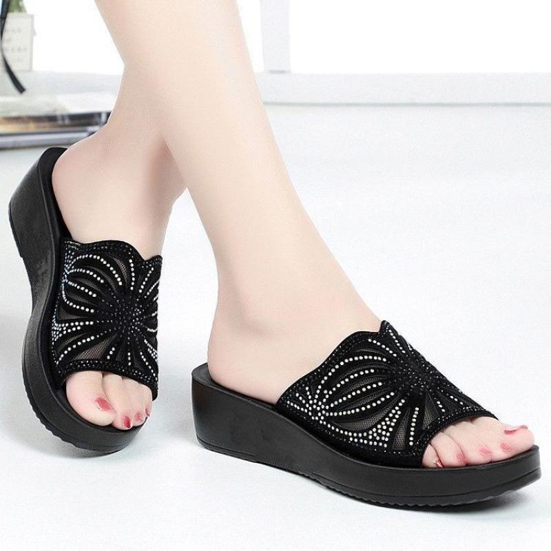 Slippers Women's Summer Model Mother Model Sandals Wear Non-slip Soft Bottom Rhinestone Middle-aged Slope Heel Medium Heel Large Size European and Ame