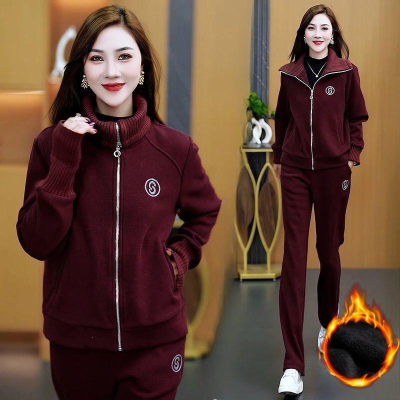 

Плюс бархатный утолщенный свитер на осень и зиму, кардиган для людей среднего возраста, спортивный костюм, женский костюм-двойка XXXL красный