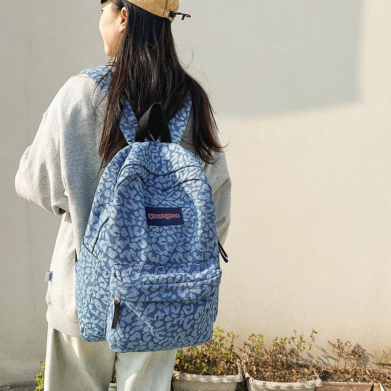 Leopard Print Denim Backpack Student Schoolbag Women Lightweight Backpack