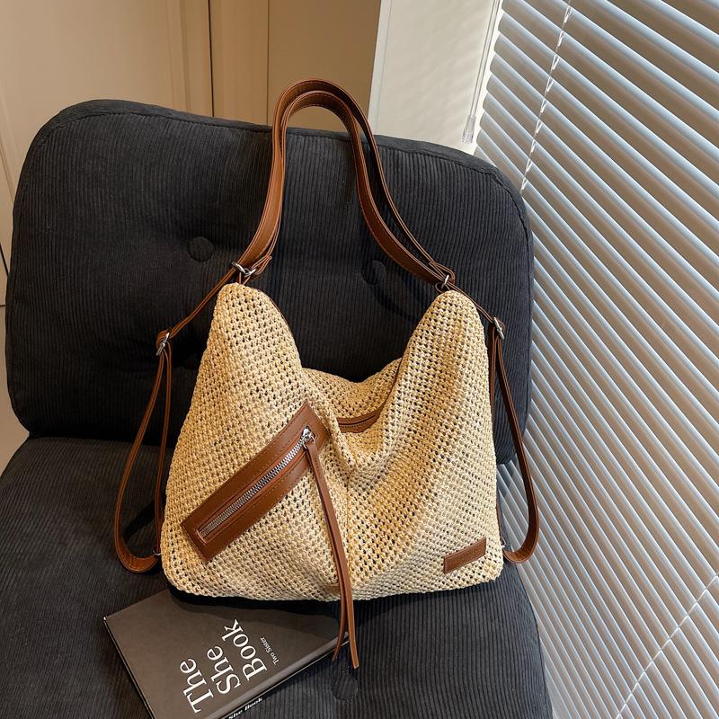 

Summer straw woven bag women s new seaside vacation beach woven bag large capacity shoulder tote bag темно-коричневого