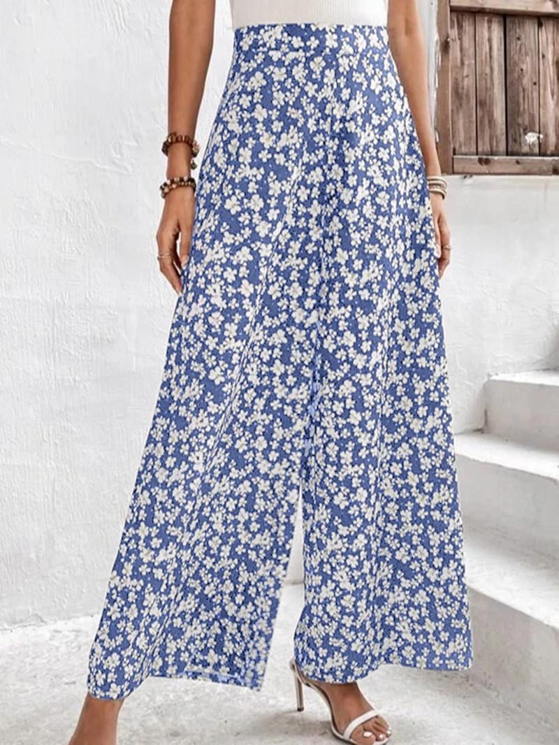 

2025 Spring/Summer Women s Floral Waist-Cinching Loose Casual Long Pants 3XL синий