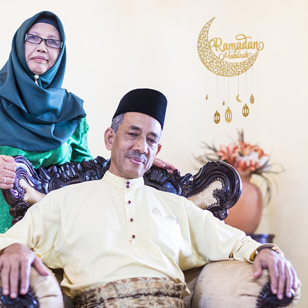 Muslim Eid Ramadan Wooden Hollowed Pendant Eid Golden Moon Hanging Decor Home Wall Decoration Gifts