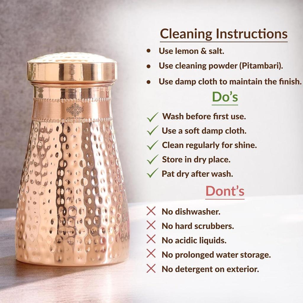 Copper Hammered Shine Design Bedroom Water Bottle with Inbuilt Glass, Volume - 600 ML, Pack of 2