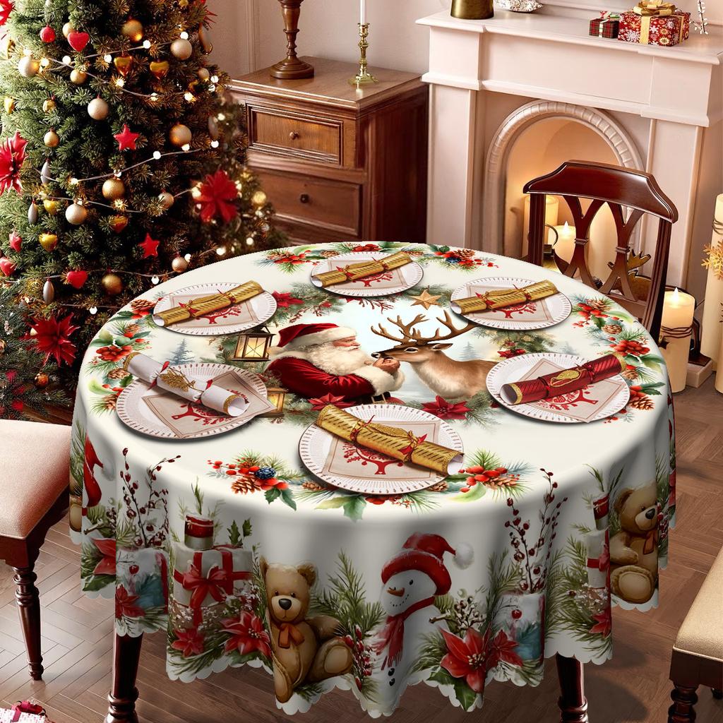 Christmas Snowflakes, Bear Bells, Printed Waterproof Tablecloth, European Style Dining Table Coffee Table Cloth Party Holiday Decorative Cloth