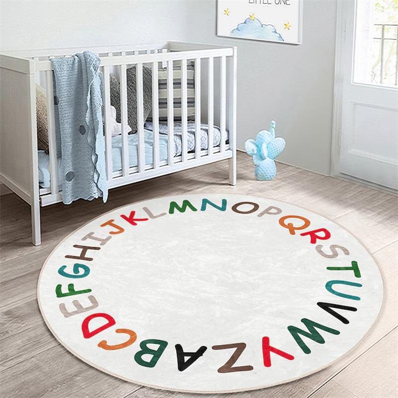Letters Round Rug Alphabet Floor Carpet Train Non Slip Circle Rugs Animal Anti Slip Mat Beige Toddler Area Rugs for Kid's Room