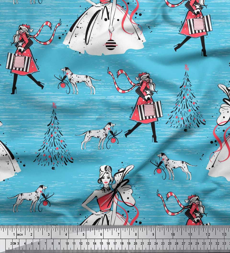 

Soimoi Japan Crepe Satin Fabric Dog, Women & Tree Christmas Print Тканина на метри 42 дюйма 42 Inch Wide - Poly Crepe синій