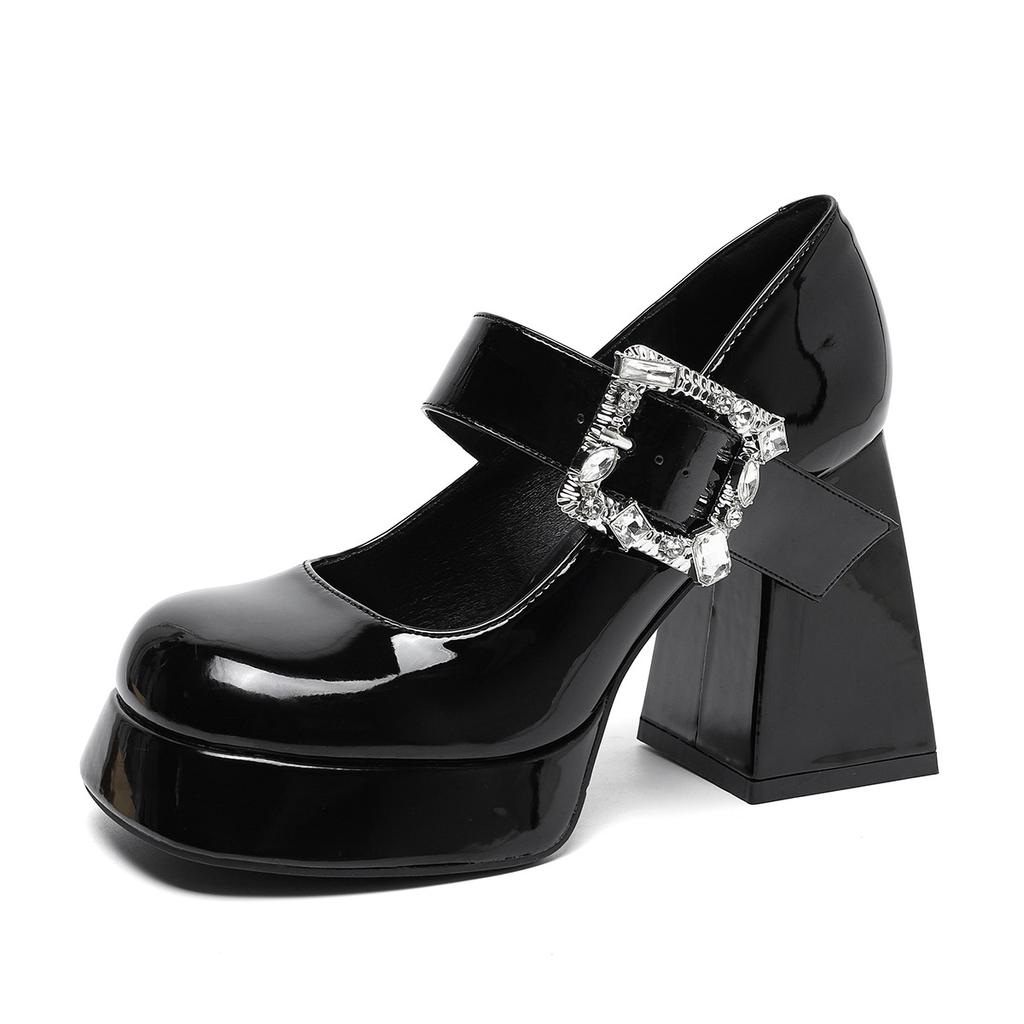 Round Head New Patent Leather Rhinestone with Thick High Heels Waterproof Table Mary Jane Single Shoes Women's Versatile