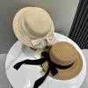 Korean Edition Summer Flat Top Straw Hat with Ribbon Bow Seaside Beach Vacation Sunscreen Hat for Children