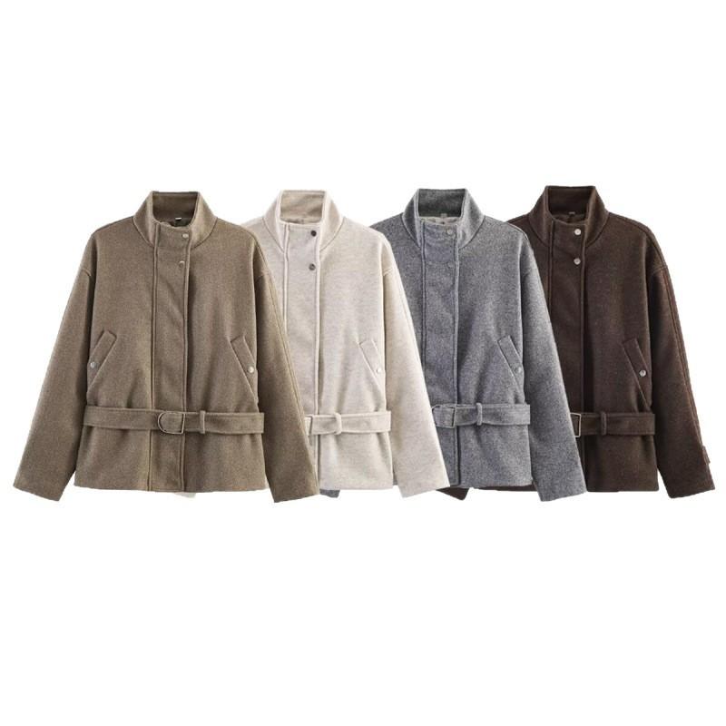 Womens Oversized Wool Blend Zip-Up Stand Collar Jacket With Waist Belt 2026 Streetwear Loose Fit Mid-Length Coat