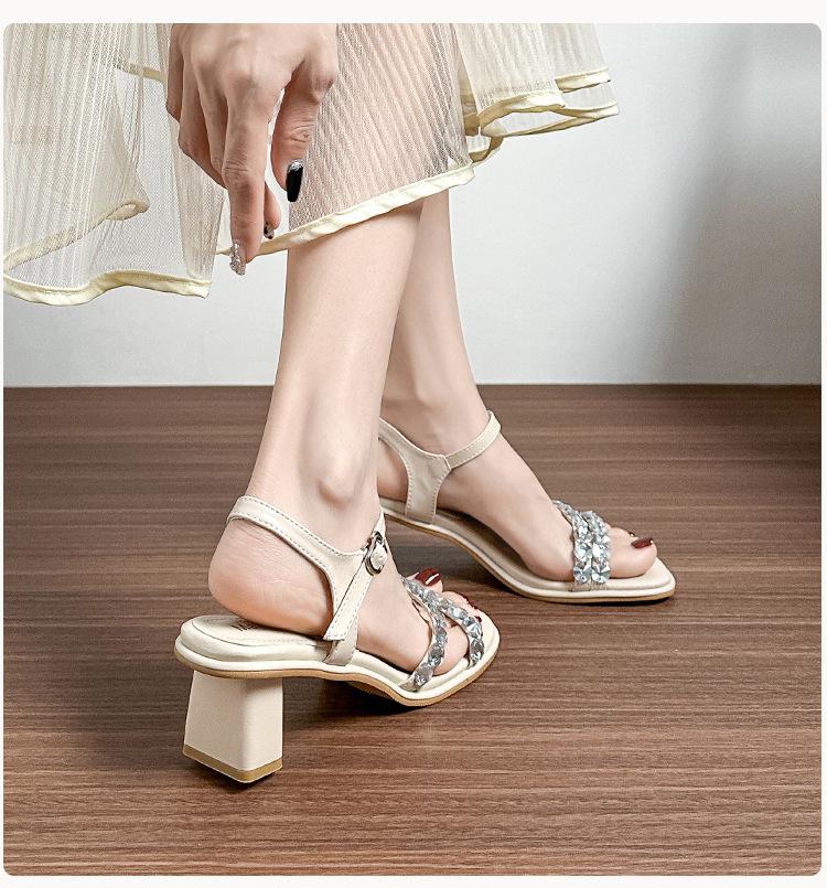2025 New French Crystal Women's Sandals with High Heels and Square Head Style