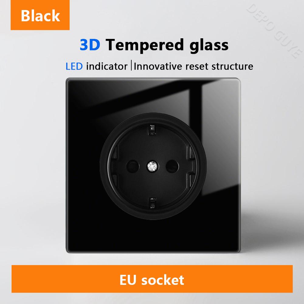 Luxury LED Indicator Light Switch Black Tempered Glass Piano Key Self-reset Wall switch,UK EU Universal USB C Electrical Socket