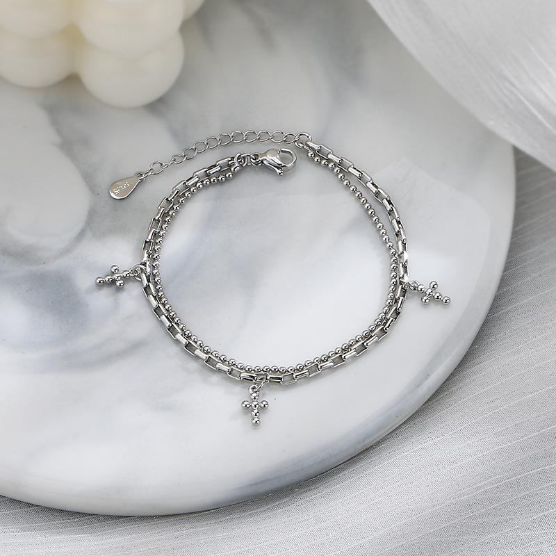 

PANJBJ Silver Color Cross Bracelet For Women Girl Double Layer Minimalism Versatile Snake Bone Chain Jewelry Gift Dropshipping
