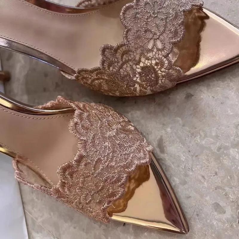 Fashion Pointed Banquet High Heels Women 2024 Spring New Arrival Embroidered Stiletto Shoes Champagne Gold Embroidered High Heel Sandals