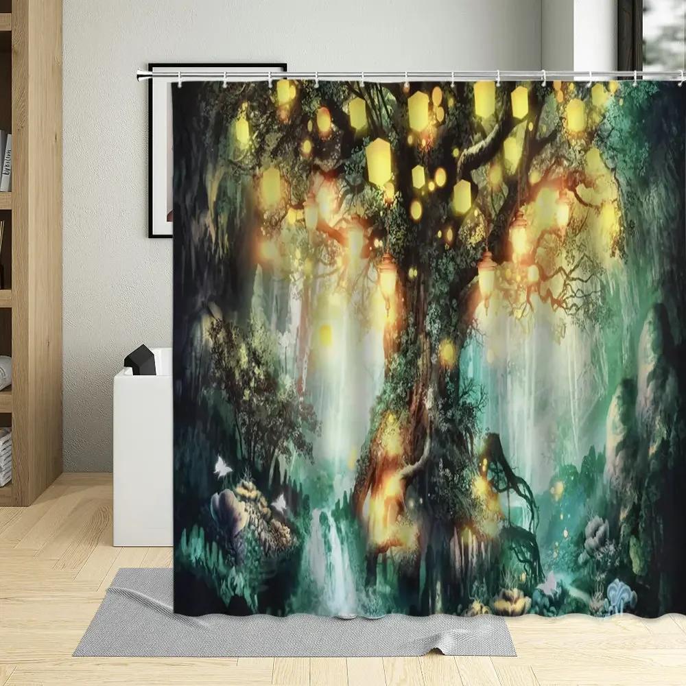 Fantasy Fairy Tale World Shower Curtain Vine Door Green Forest Mushroom Animal Bathroom Decor Polyester Bath Curtains With Hooks