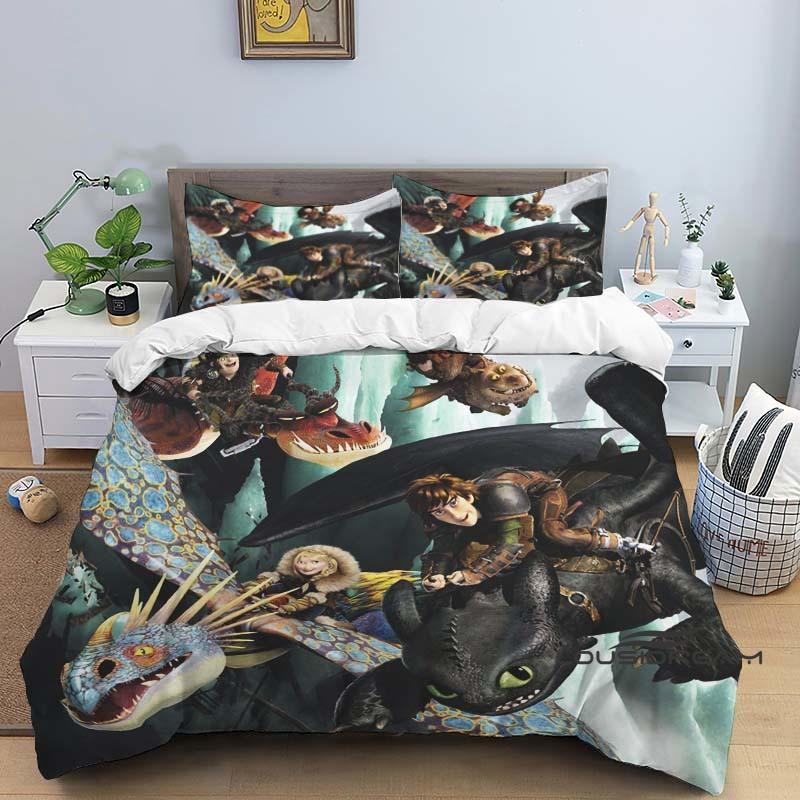 "How To Train Your Dragon" Cartoon-Print 3-Piece Bedding Set — Duvet Cover & Pillowcases (Suitable for Teens & Children — Boys &