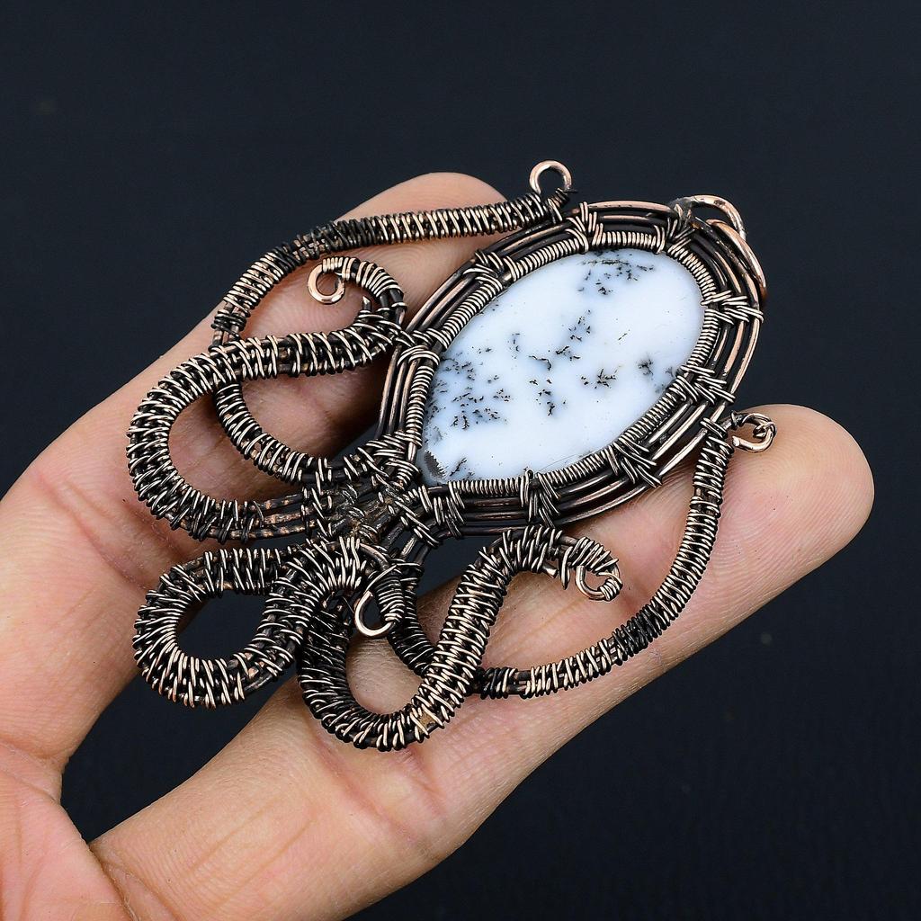 Dendrite Opal 999 Copper Wire Wrapped Pendant, Handmade Gemstone Jewelry Pendant Gift For Birthday