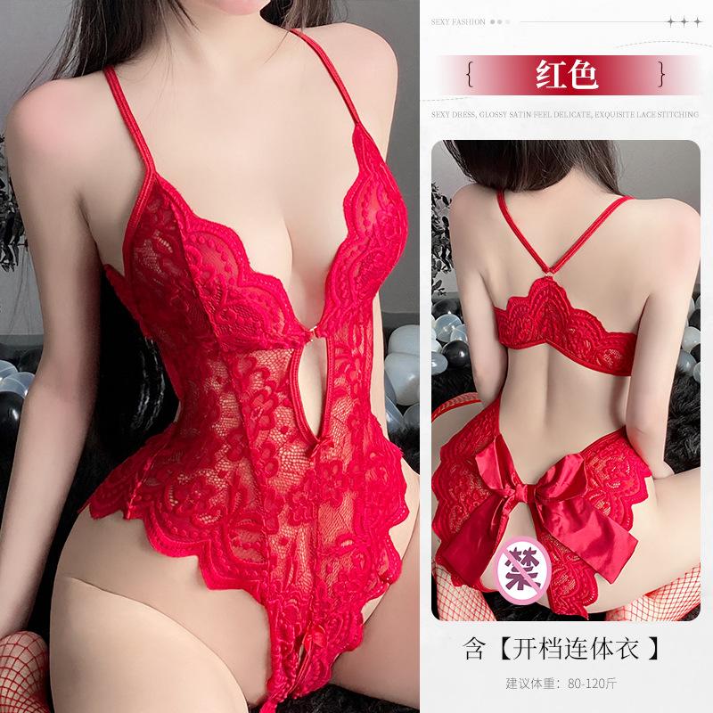 Sexy Lingerie Pure Lace Seduction Open Onesie Women's Hot Perspective Pajamas Free of Uniform