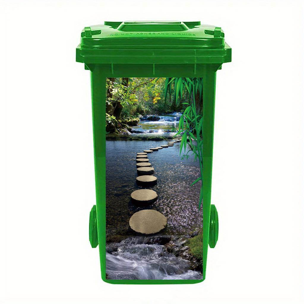 1 Pezzo Adesivo Pattumiera Alberi Verdi a Cascata Autoadesivo Paesaggio Naturale Decalcomania con Scene Vivaci di Foresta, Fiume e Funghi per Giardino Esterno