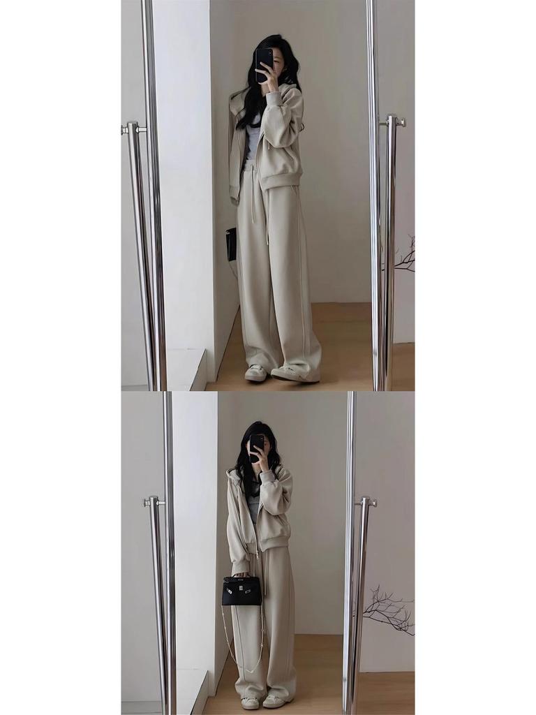 Women's Hong Kong Style Autumn-Winter Casual Sweatshirt & Wide-Leg Pants Set - Age-Reducing, Slimming, Hooded Two-Piece for Running