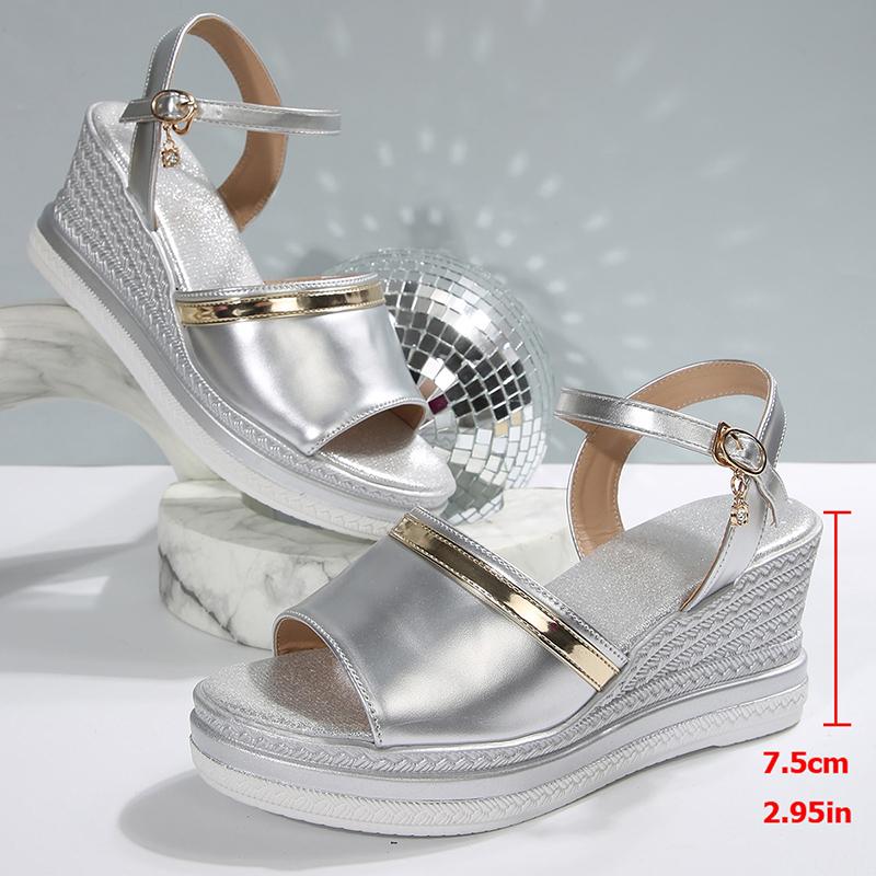 Fashion Silver Wedge Heels Sandals for Women Summer 2025 Chunky Platform Beach Sandals Woman Ankle Strap Thick Sole Sandalias