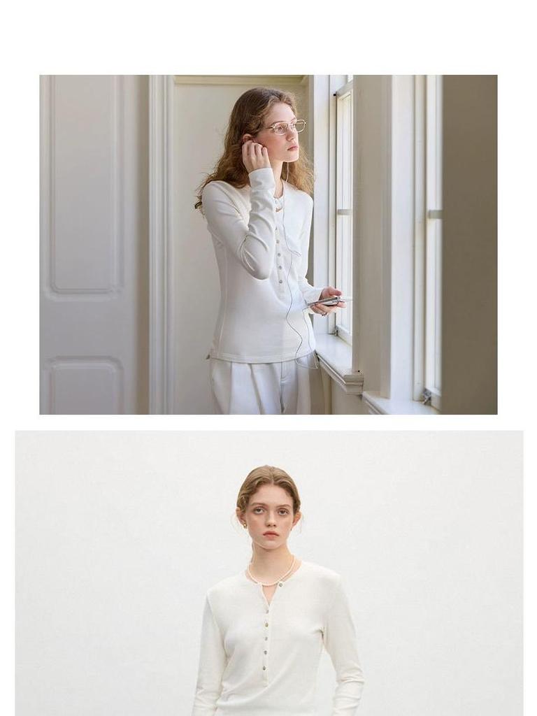 Dámská vlněná pletená košile s dlouhým rukávem a límečkem Henry, úzký střih