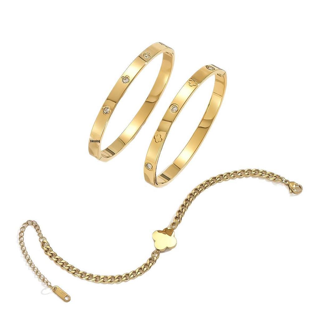 Exklusivt armband i titanstål för kvinnor: Guld, Helt Diamant, Icke-bleknande Europeisk & Amerikansk Stil