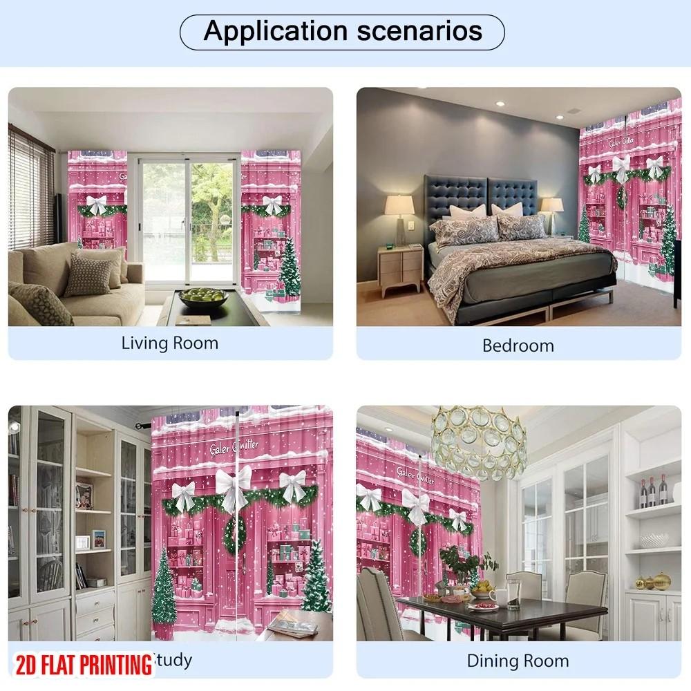 Jit 2Pcs Pink Storefront Pattern Curtains Rod Pocket Drapes For Christmas Windows Home Decor Polyester Curtain