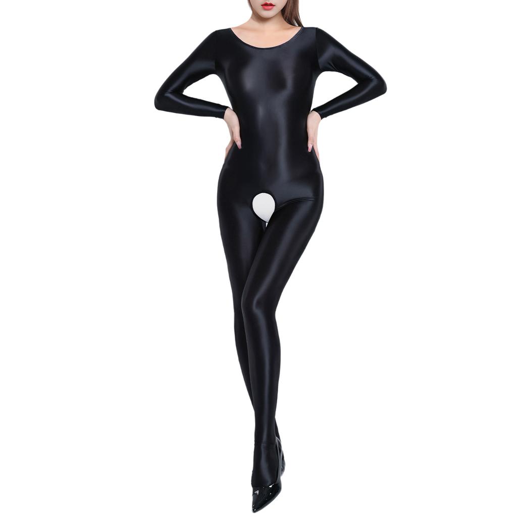 Womens Glossy Smooth Full Body Jumpsuit Long Sleeve Stretchy Bodysuit