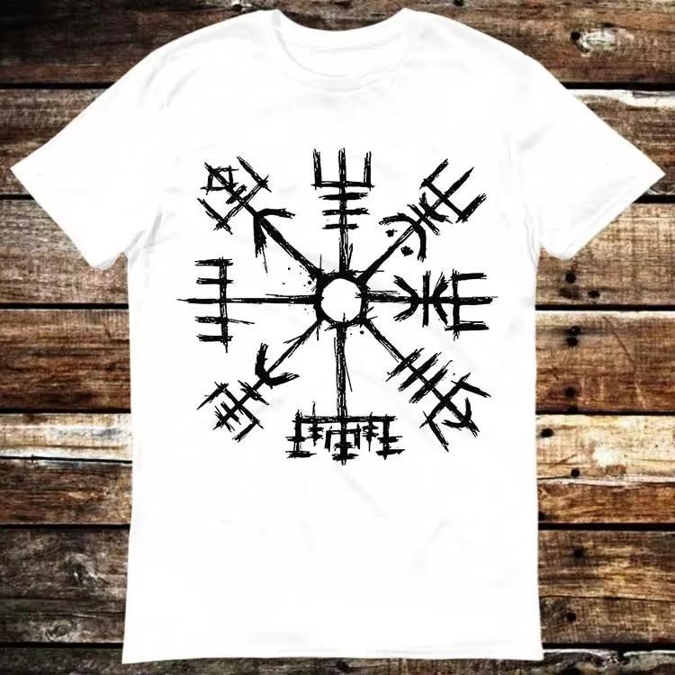 Męska i damska koszulka bawełniana z grafiką kompasu wikingów i runami, z okrągłym dekoltem, modne, wygodne, z krótkim rękawem