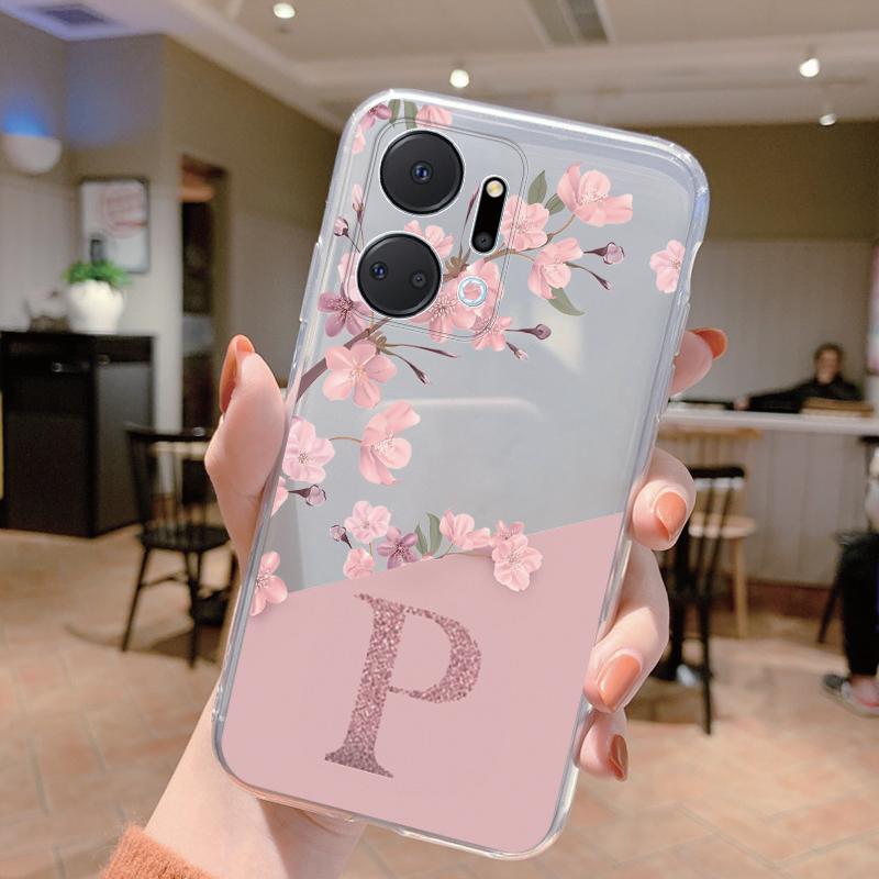 Letter A-Z Flower Phone Case For Honor X7a X7b X7c 90Smart 90 200 Lite Pro Silicone Soft Cover Fashion Funda Transparent Clear