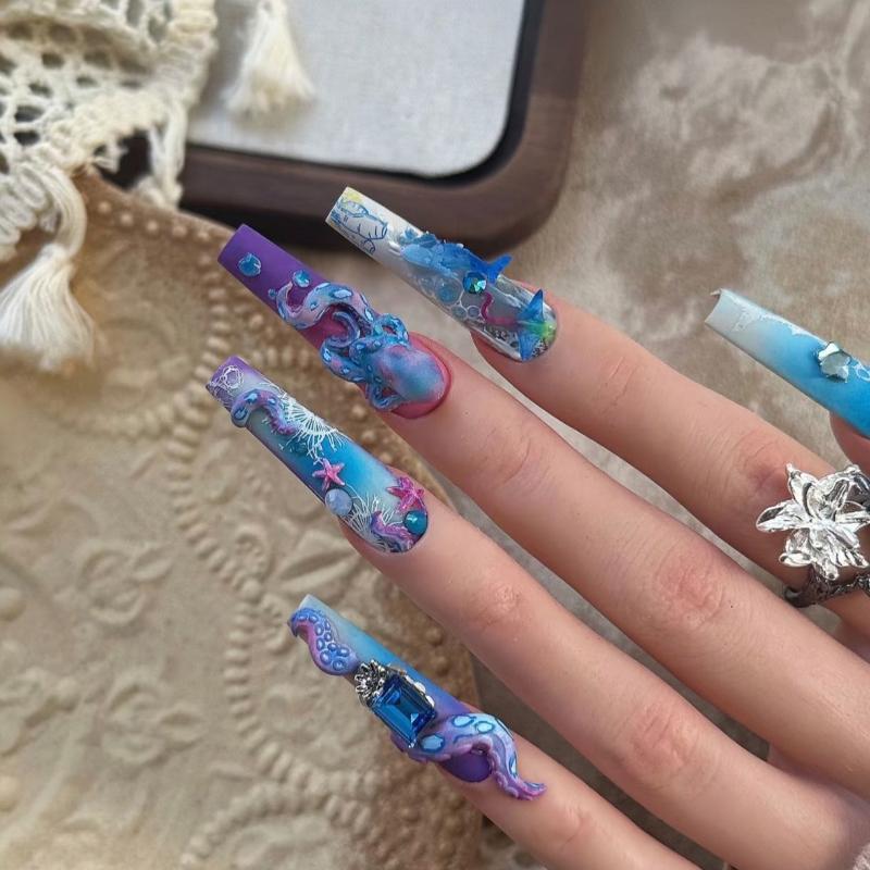 3D Tırnak Kalıbı Derin Deniz Mavisi Yüzük Ahtapot Damgalama Şablonları UV Jel Oje Sanatı Kalıbı Silikon Oyma Aracı Kendin Yap Tasarım Tırnak Takısı