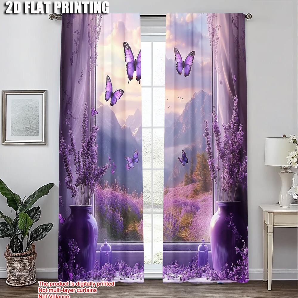 2pcs, Print Curtains 2D Plane Printing Lavender Scene Fabric (without Rod) Thermal Insulation, and Room Darkening Functions